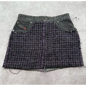 Diesel Women's Sz 29 Mixed Media Black Denim‎ Purple Tweed Skirt Raw Hem Preppy